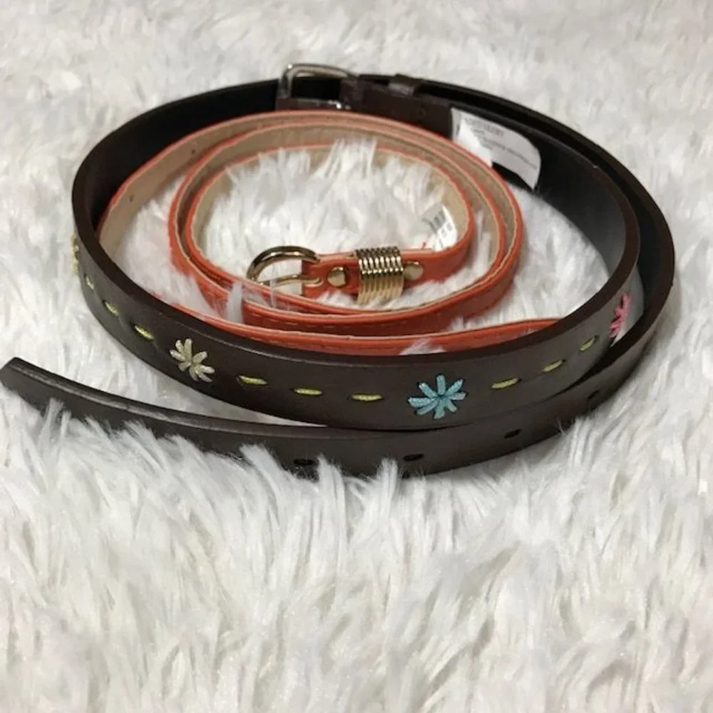 Set of 2 Faded Glory Brown Embroidered & Orange Vegan Leather Belts